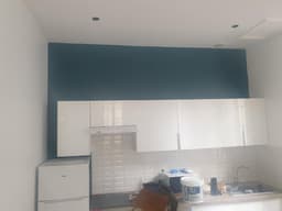 Cuisine avec mur Vert Allure au-dessus des meubles blancs