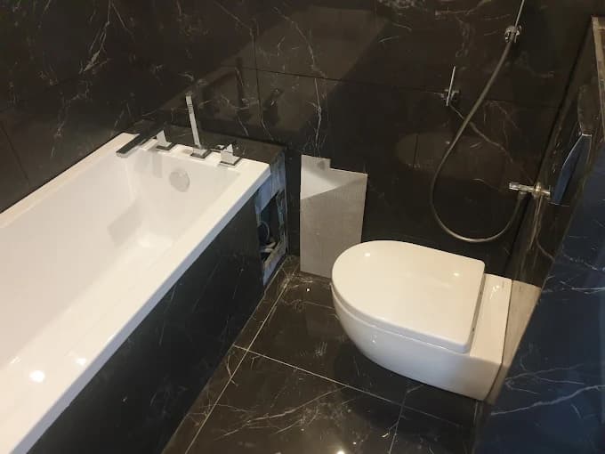 Sanitaires : baignoire et WC suspendu, faïence noire veinée